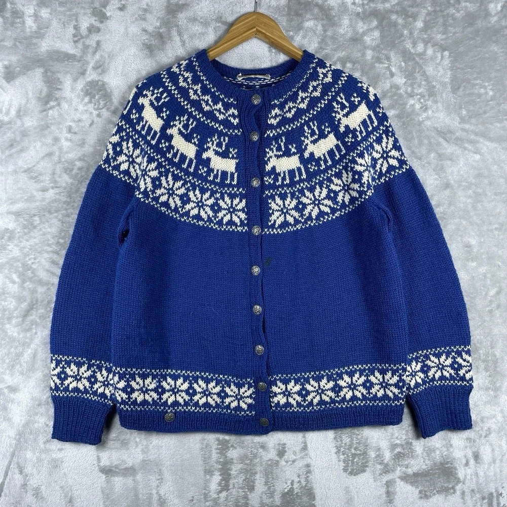 Vintage 40s 50s Fair Isle 100% Wool Sweater Mens Medium Metal Button Blue Norway